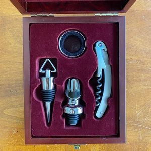 Wine corkscrew bottle opener stopper gift set wood box new